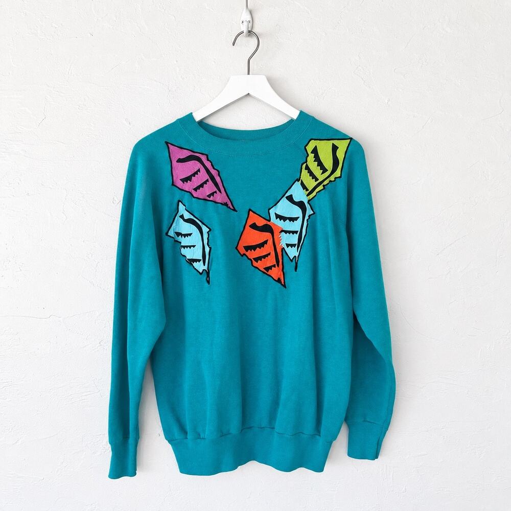 Vintage 80s Pannill Teal Abstract Applique Sweatshirt XL USA New Wave Pop Art